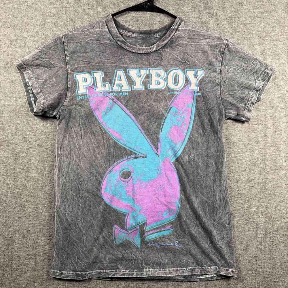 Playboy Shirt Womens Small Gray Andy Warhol Bunny January 1986 Tee Pop Art Y2K